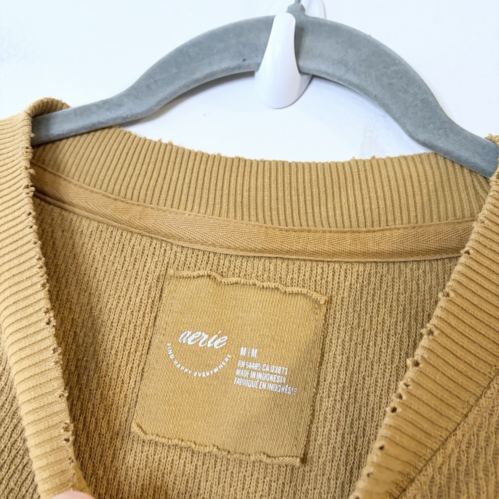 Aerie Womens Waffle Knit Oversized Sweatshirt Slouchy Cozy Mustard Yellow Size M - Picture 5 of 6